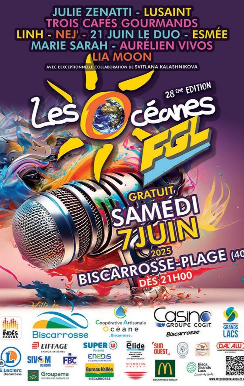 J-7 avant la 28e dition des Ocanes FGL ! Rendez-vous samedi 7 juin, ds 21h, avec Julie Zenatti, Trois Cafs Gourmands, Lusaint, Aurlien Vivos, Esme, Linh, 21 Juin le Duo, Nej, Marie-Sarah et Lia Moon, pour une soire exceptionnelle !